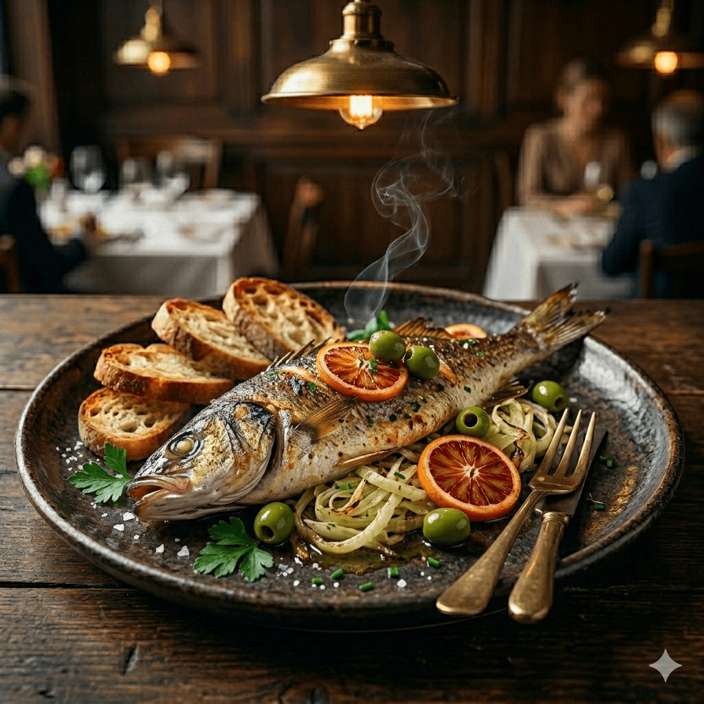 Whole roasted sea bass, fennel, citrus