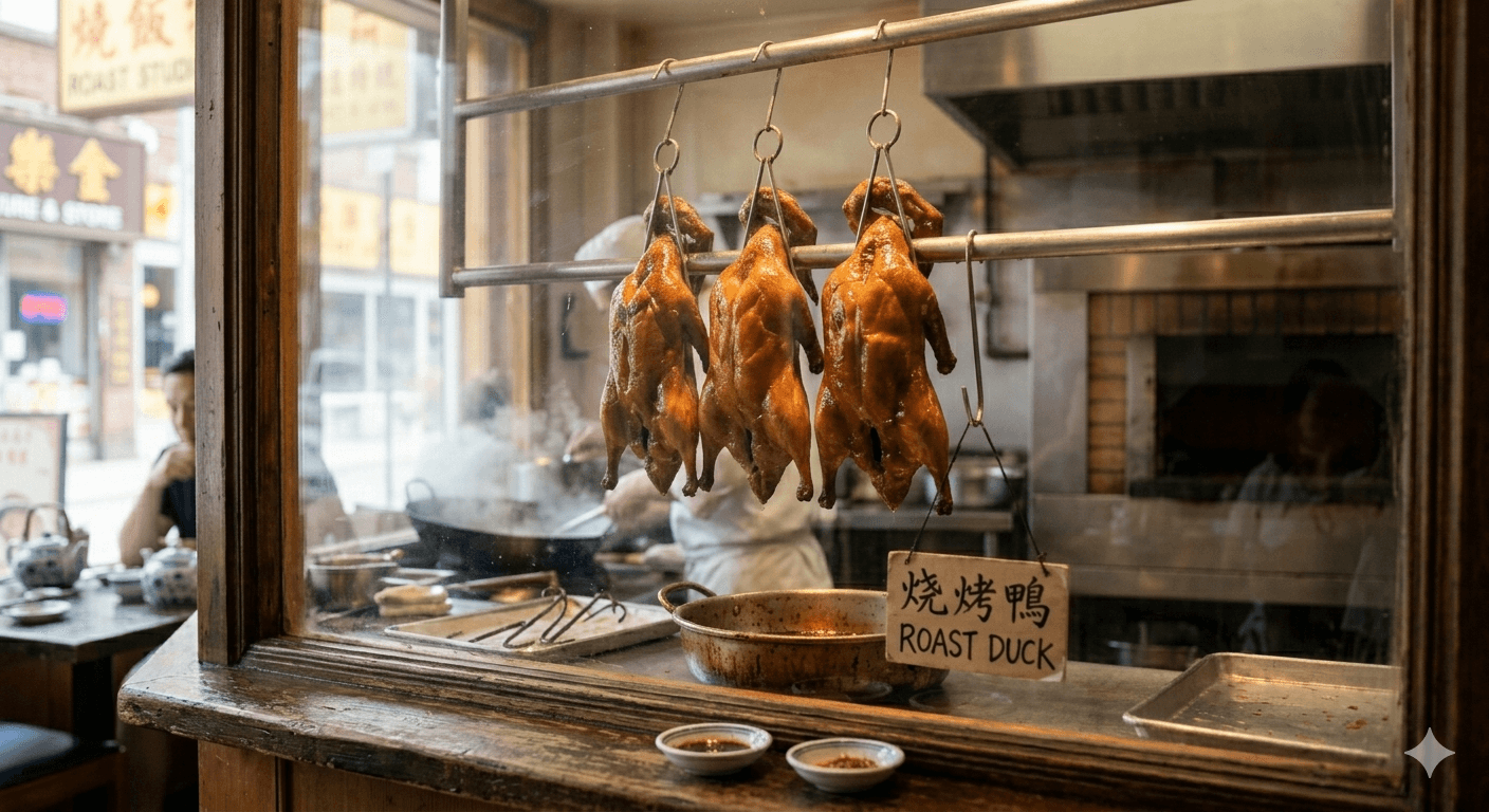 Roast duck in the kitchen window of Jade & Lantern.