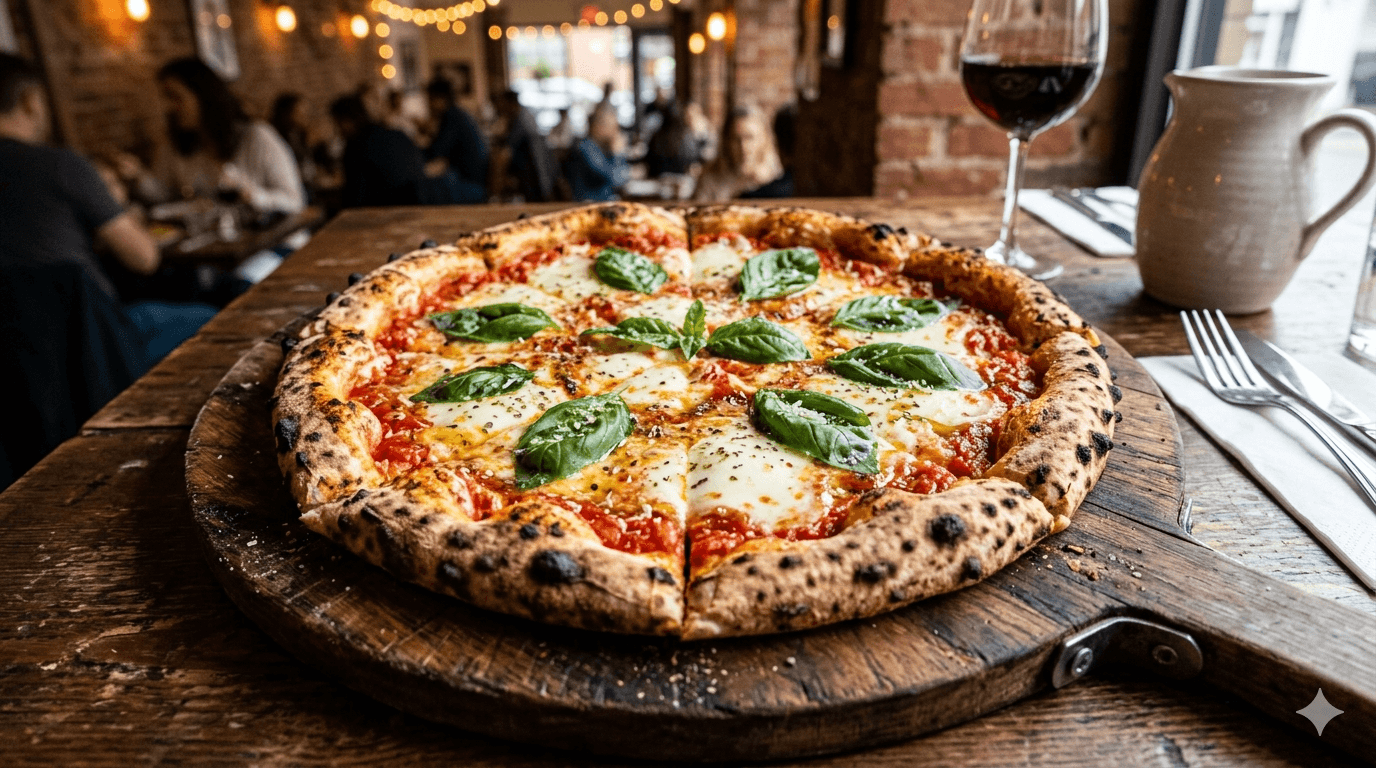 A Margherita pizza, fresh out of the wood-fired oven.