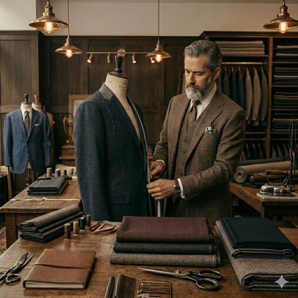 A tailor measuring a suit jacket in the atelier.